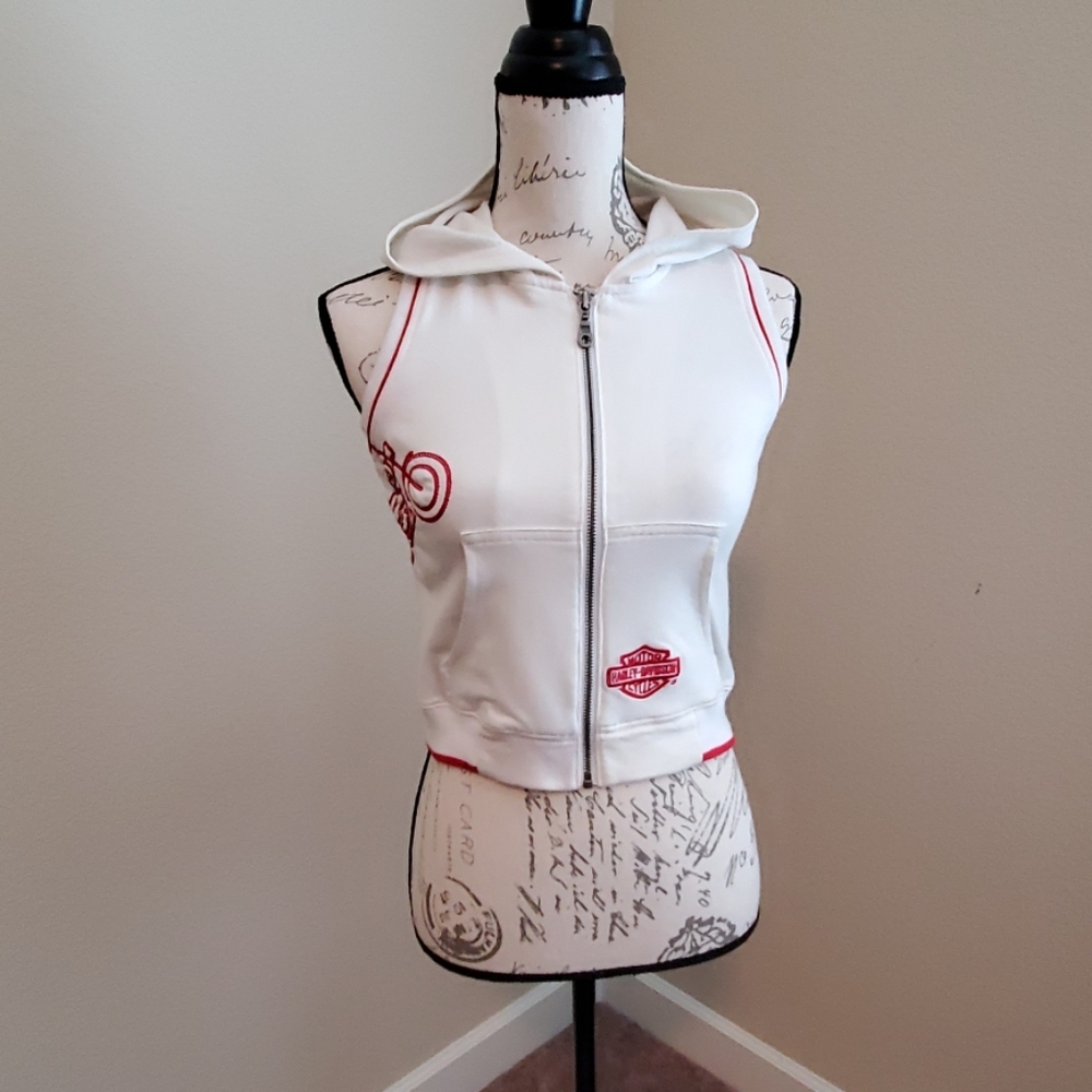 White hooded zip up vest. Harley Davidson.